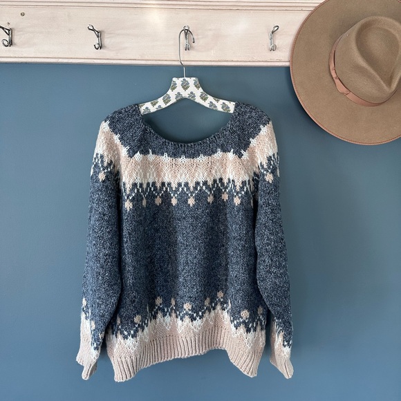 HandMade hand crafted Sweater Nordic Fair Isle square neck Gray ivory Sz large - Picture 8 of 9